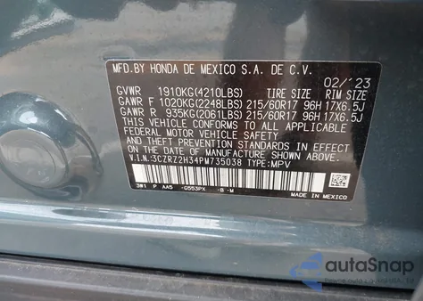 2023 Honda Hr-V Awd Lx из США, поврежденный, VIN 3CZRZ2H34PM735038